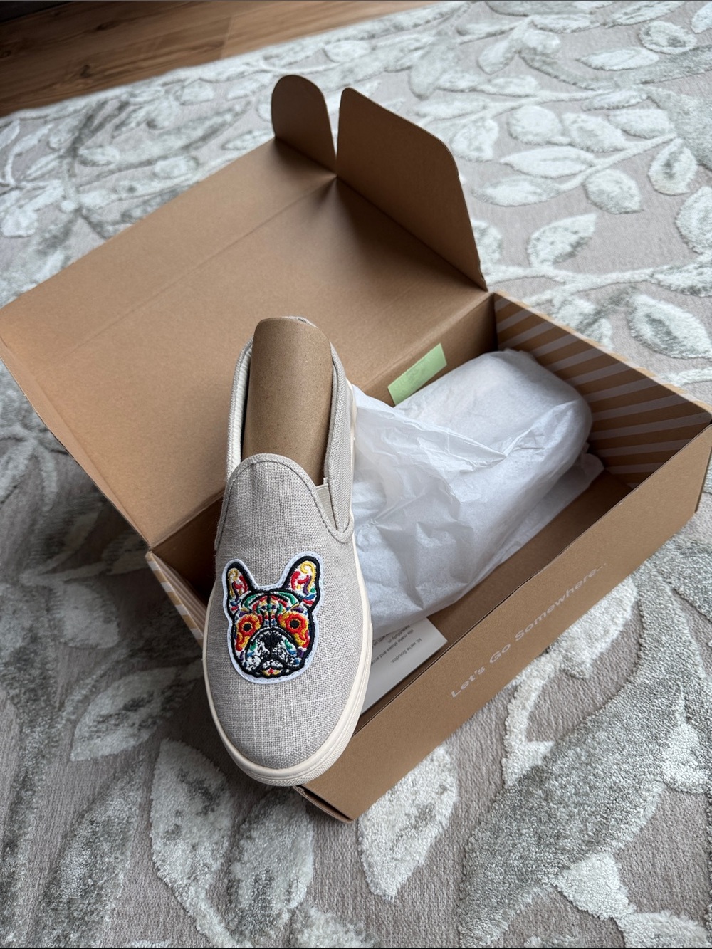 Beige Soludos Canvas Slip-On Sneakers with Colorful French Bulldog Patch